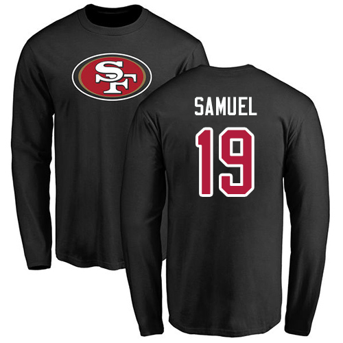 Men San Francisco 49ers Black Deebo Samuel Name and Number Logo #19 Long Sleeve NFL T Shirt->san francisco 49ers->NFL Jersey